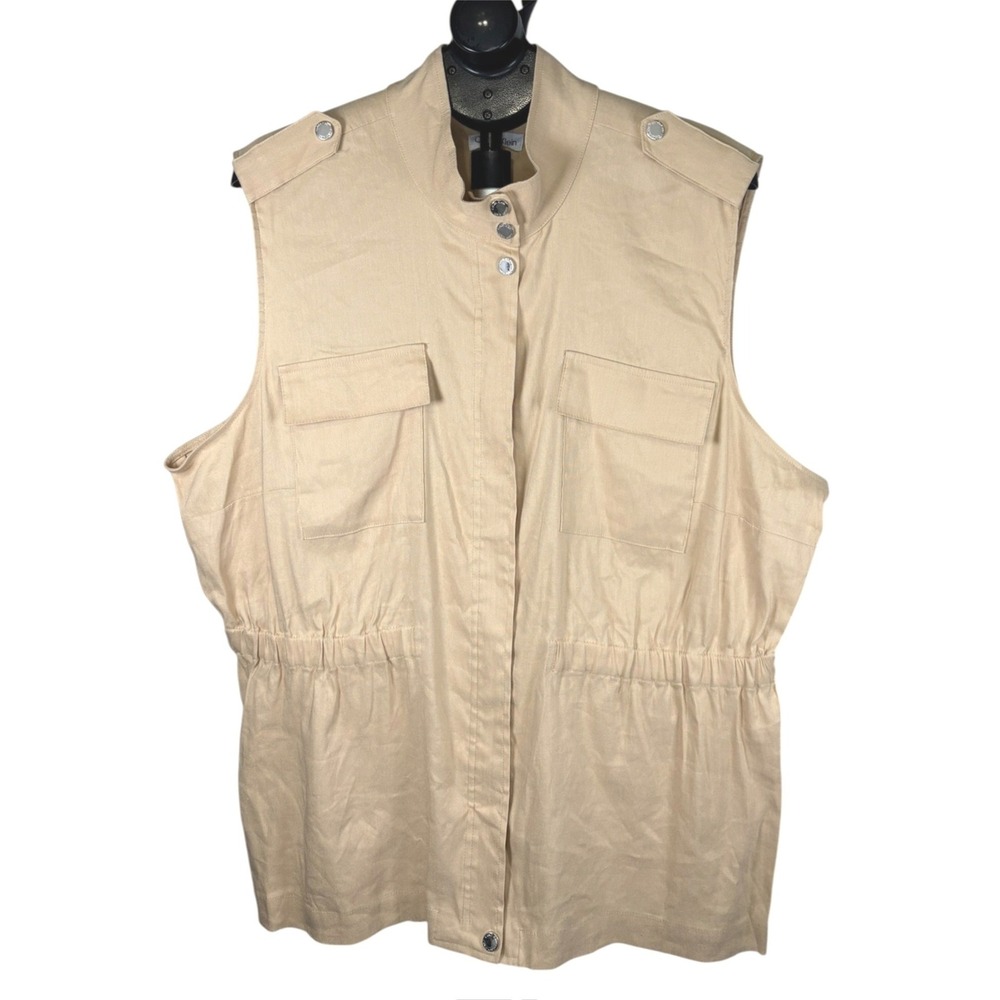 Calvin Klein Womens Plus 1X Beige Linen Blend Utility‎ Vest Mock Neck